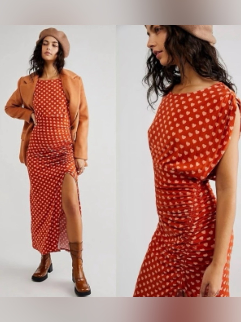 Free People Lakeside Heart Printed Dress Small Ginger Rust Brown Fall